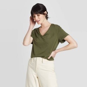 A New Day | Cuff Sleeve Green V-neck T-shirt